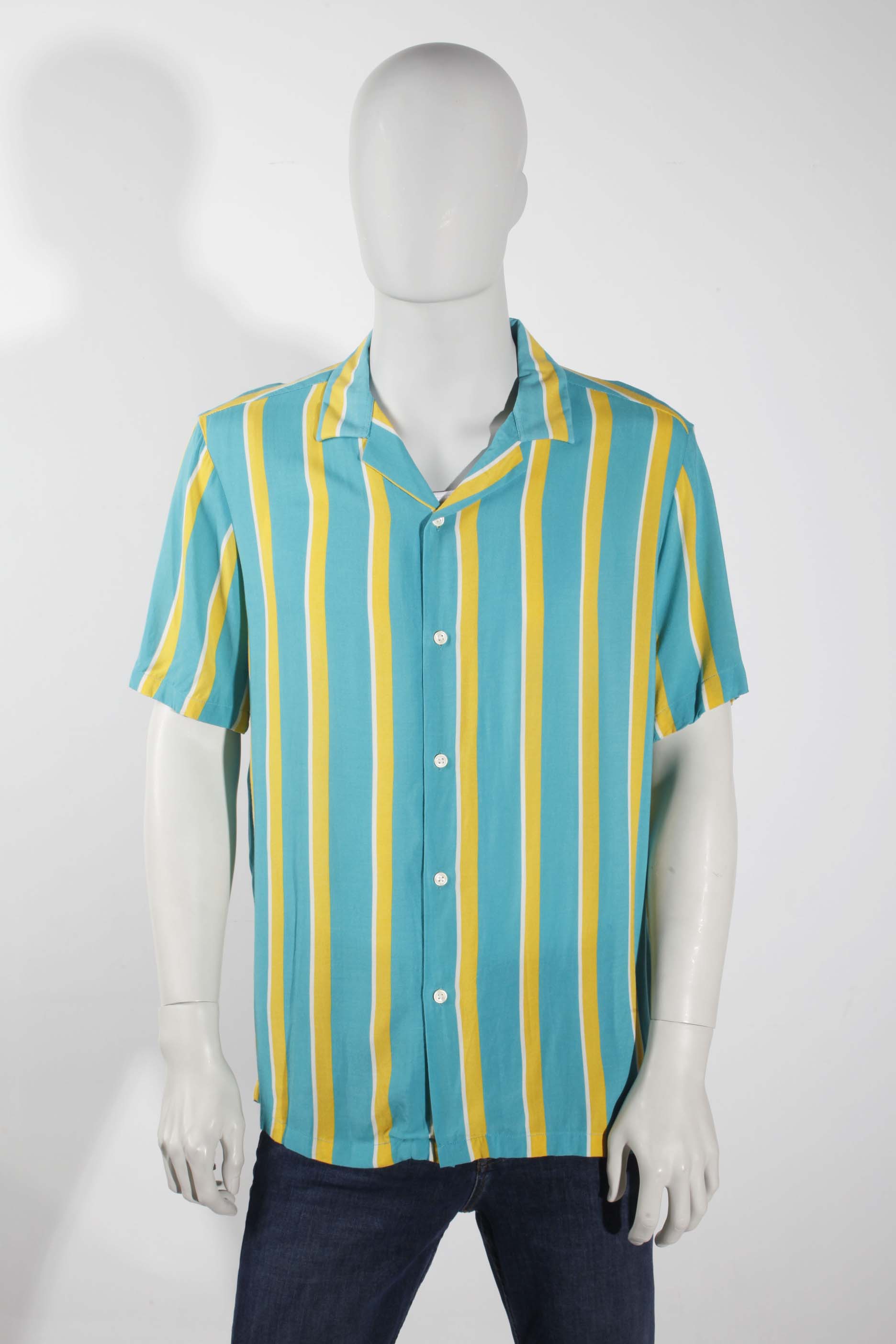 Mens Yellow and Green Striped Short-Sleeved Shirt (Large)