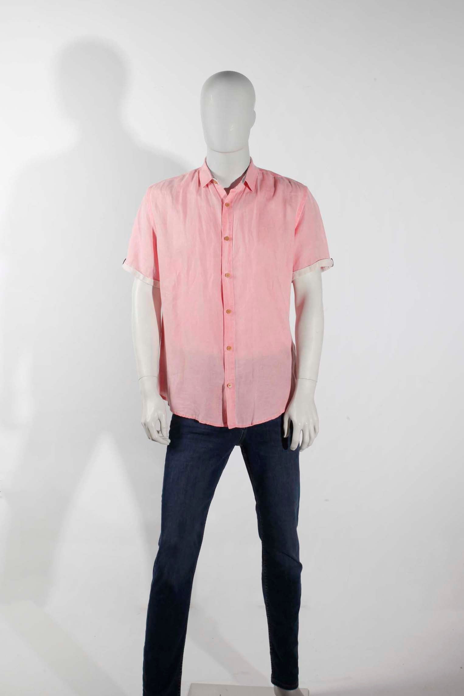 Men's Salmon Pink Linen Short-Sleeved Shirt (Large)