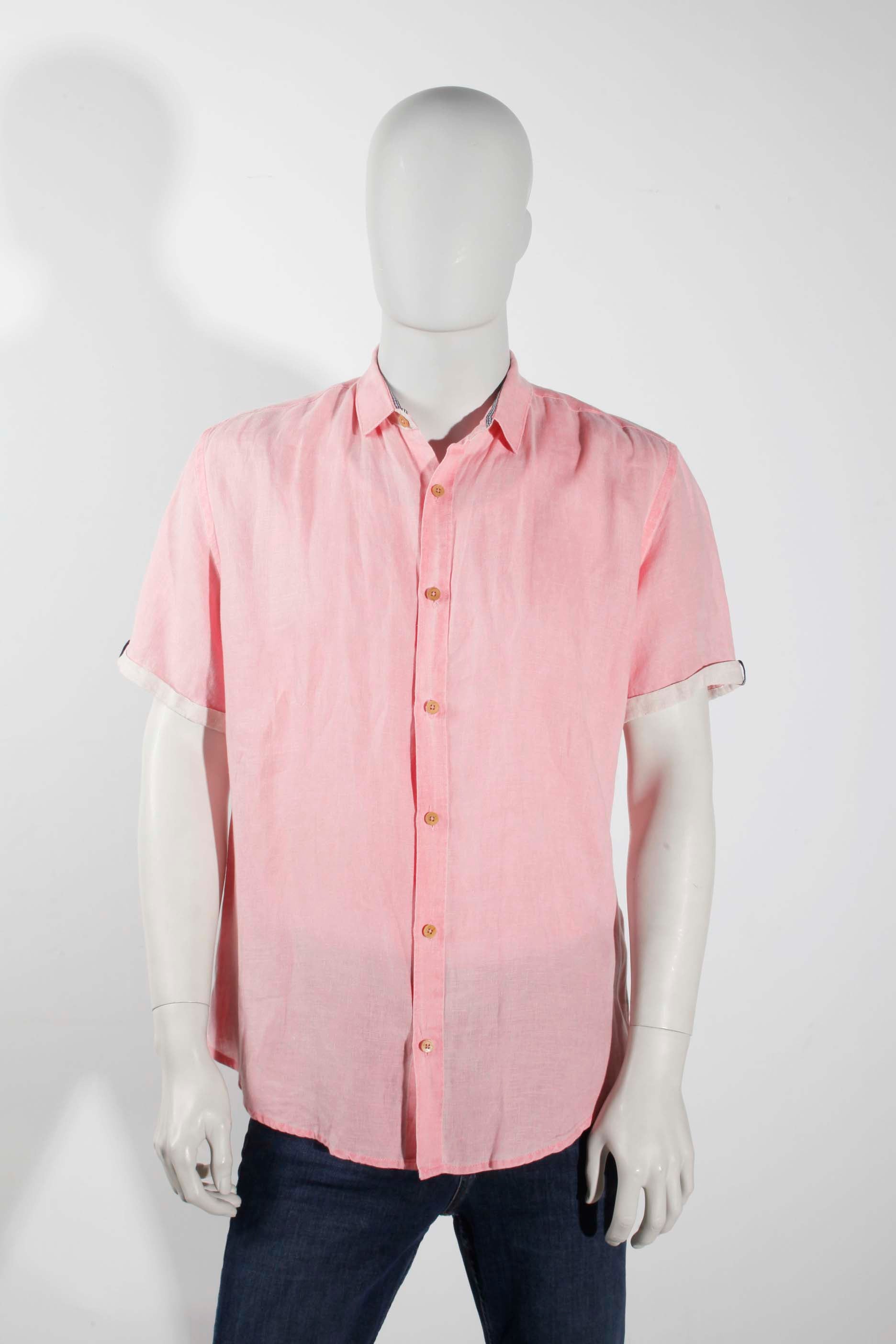 Men's Salmon Pink Linen Short-Sleeved Shirt (Large)
