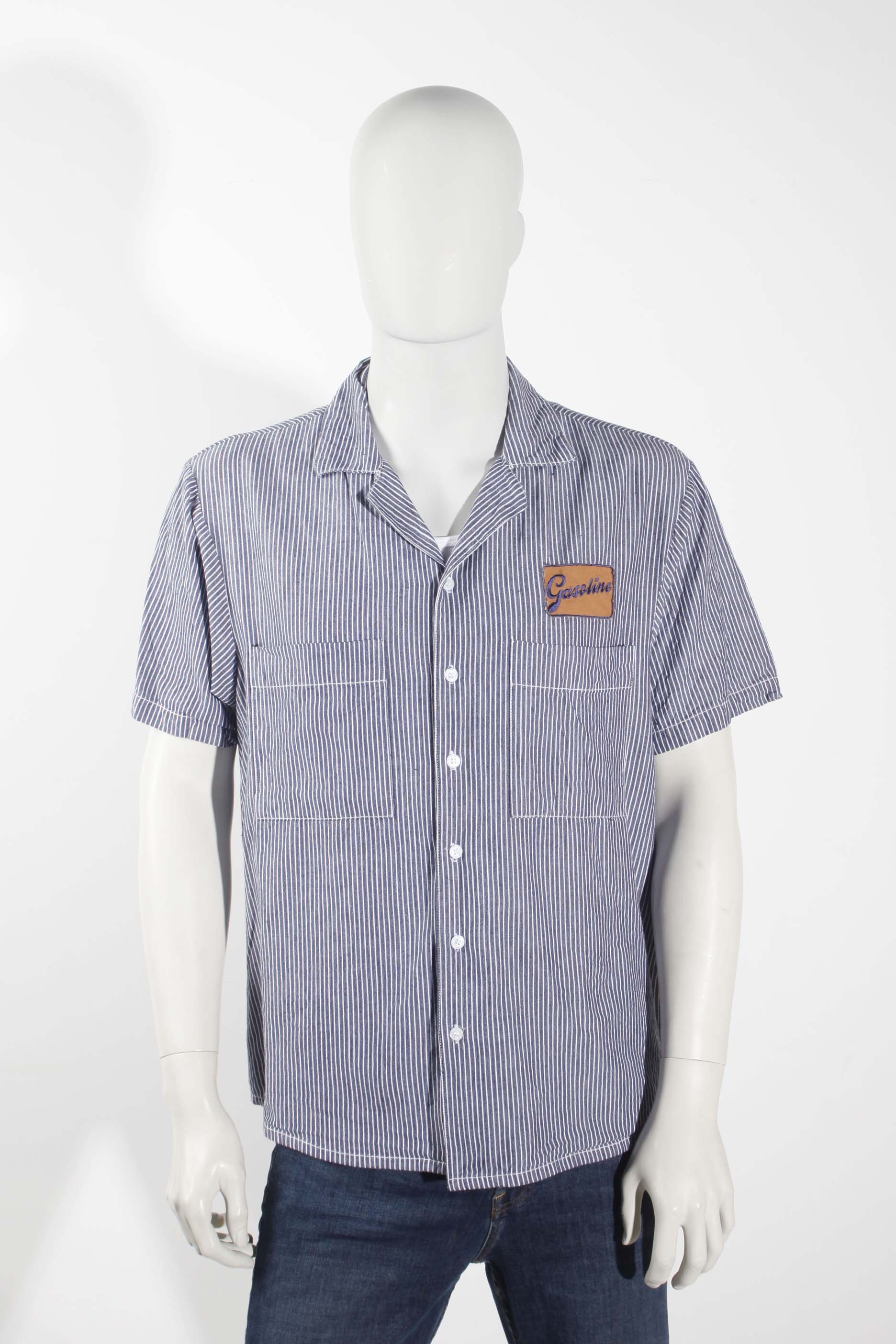 Retro Blue White Striped Short-Sleeved Shirt (Large)