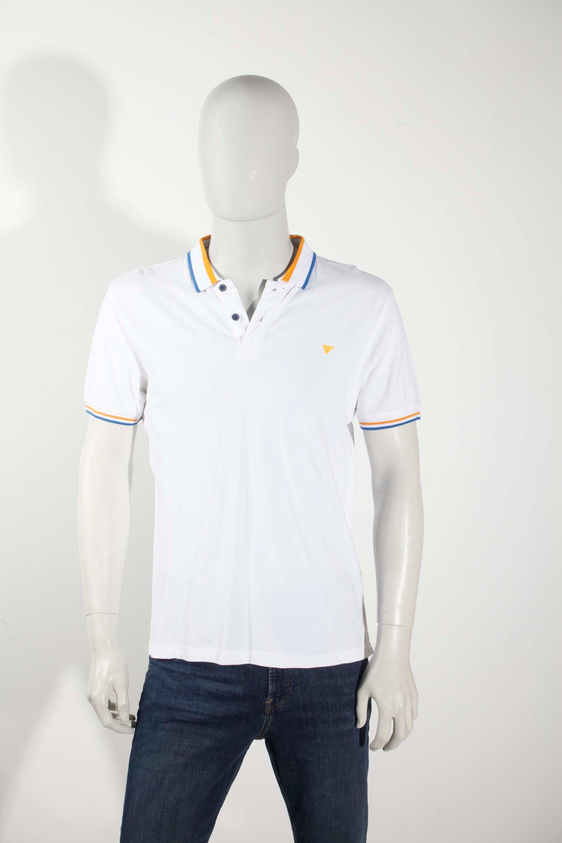 Mens White Polo Shirt with Orange Blue Trim