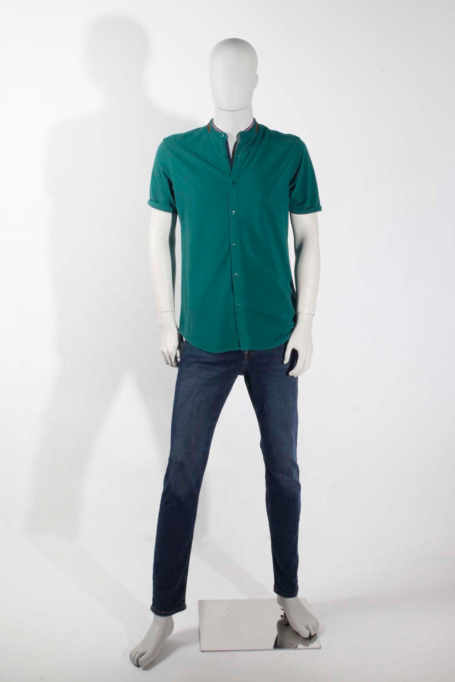 Mens Green Collarless Polo Shirt (Medium)