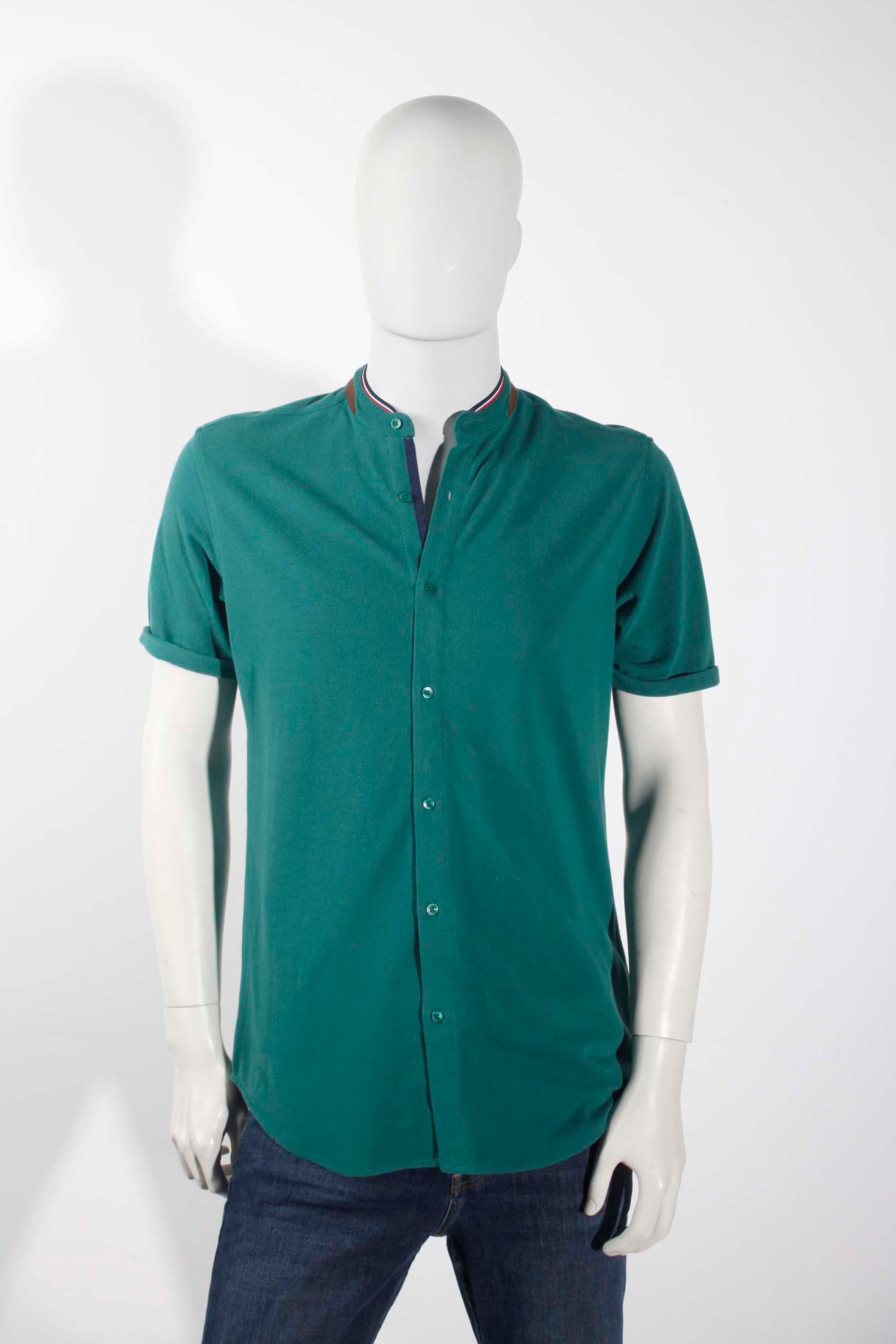 Mens Green Collarless Polo Shirt (Medium)