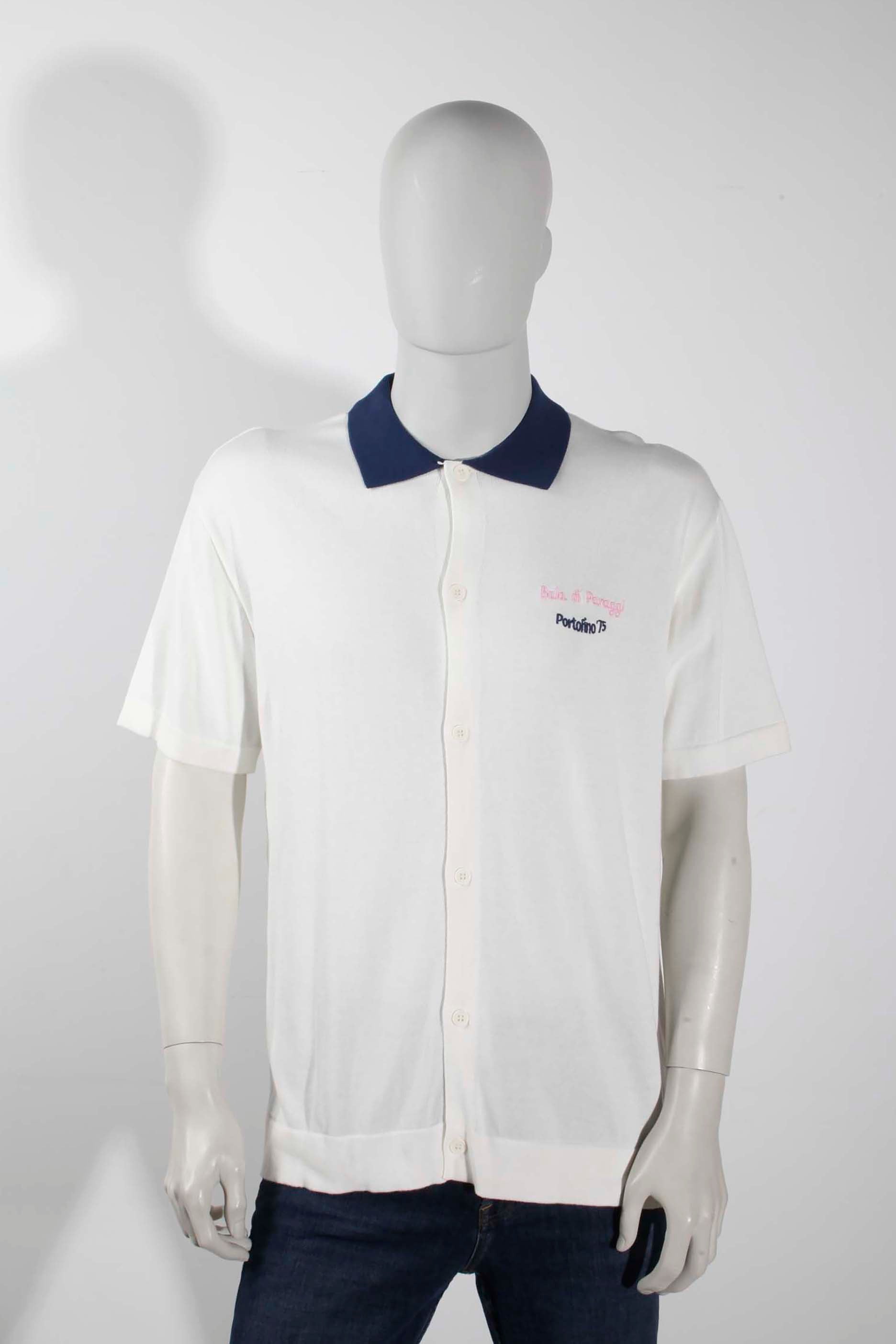 Mens White Polo Shirt with Blue Collar (Medium)