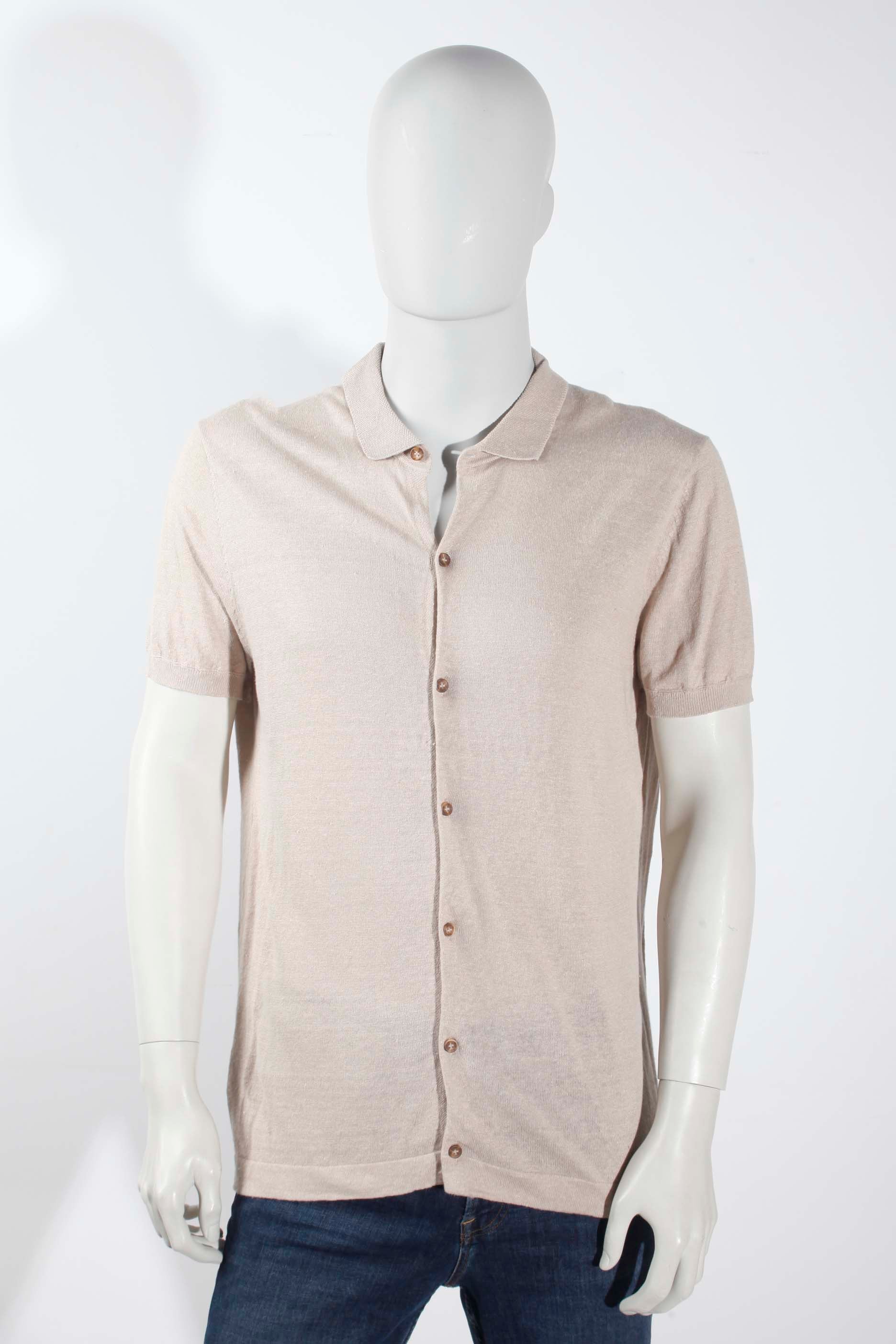 Mens Button-Up Cream Polo Shirt (Large)