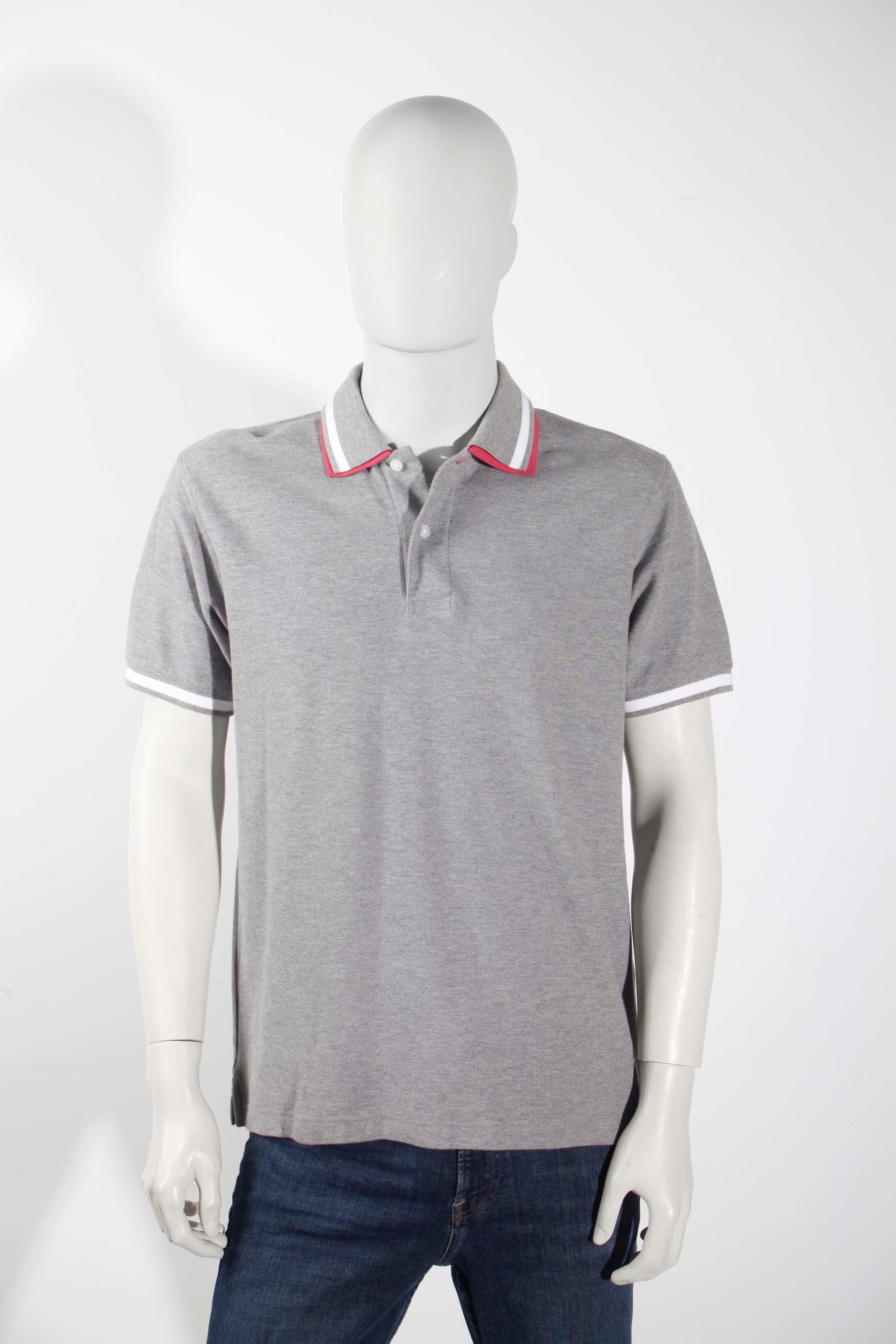 Mens Grey Polo Shirt with Red/White Collar (Large)