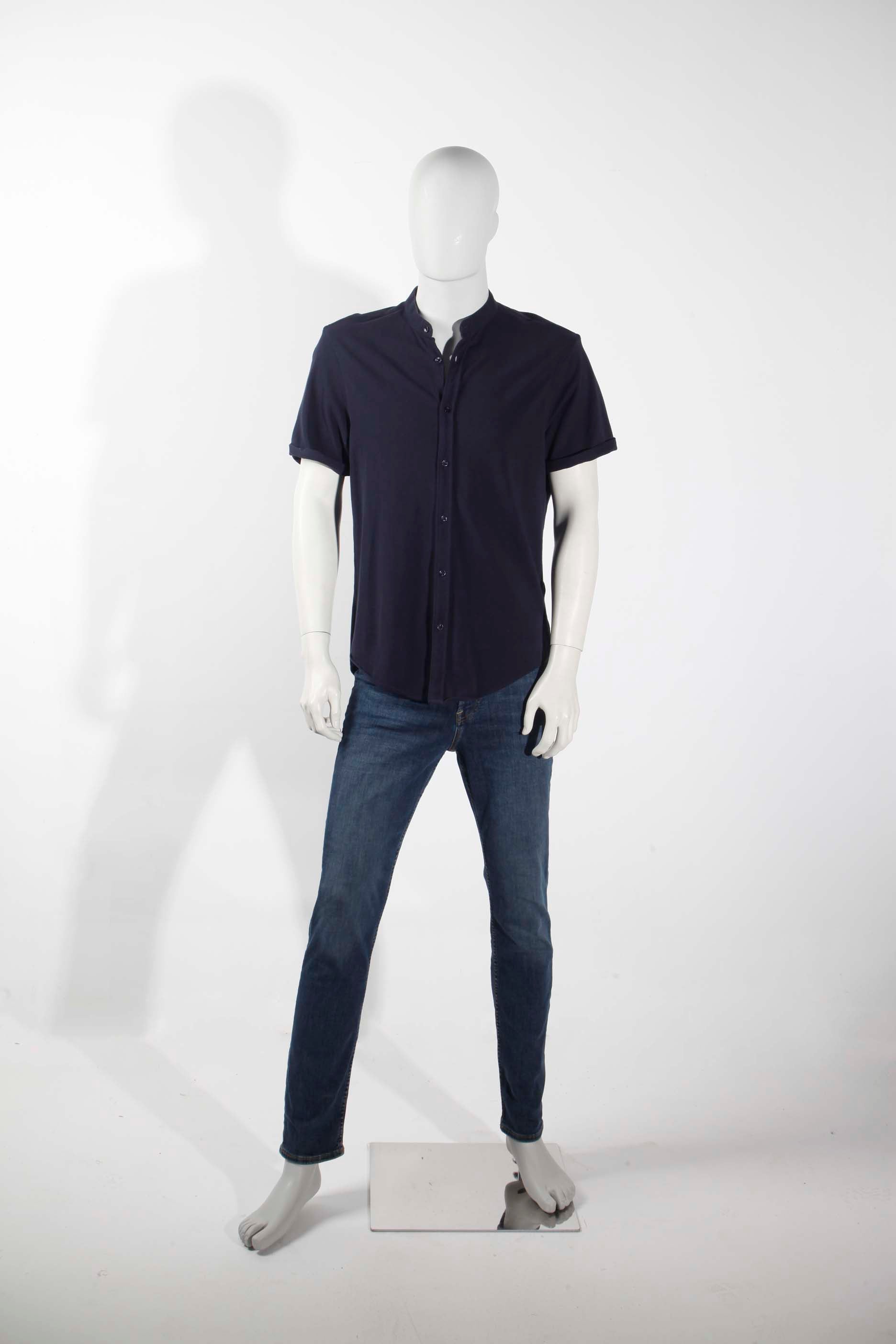 Mens Navy Blue Collarless Polo Shirt