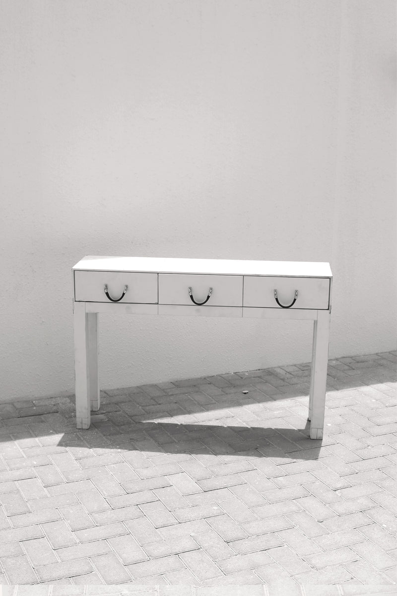 WHITE ENTRYWAY CONSOLE WITH LEATHER PULL HANDLES – ProppedUpRentals